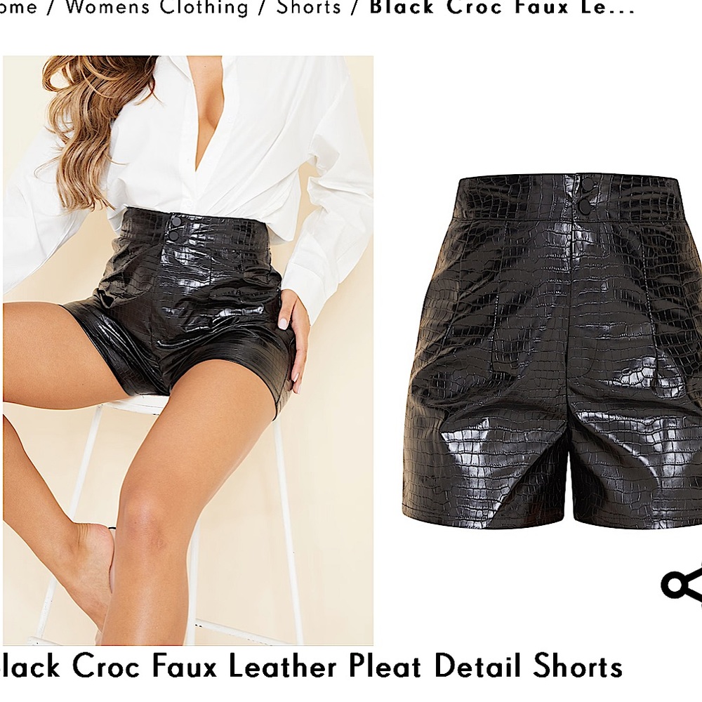 NWOT Black Croc Faux Leather Pleat Detail Shorts PLT